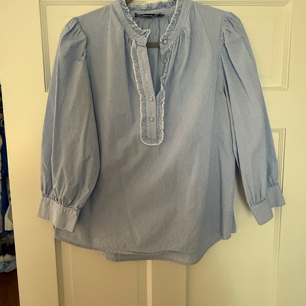 Pomander Place Blue Puff Sleeve Blouse with Mandarin Collar